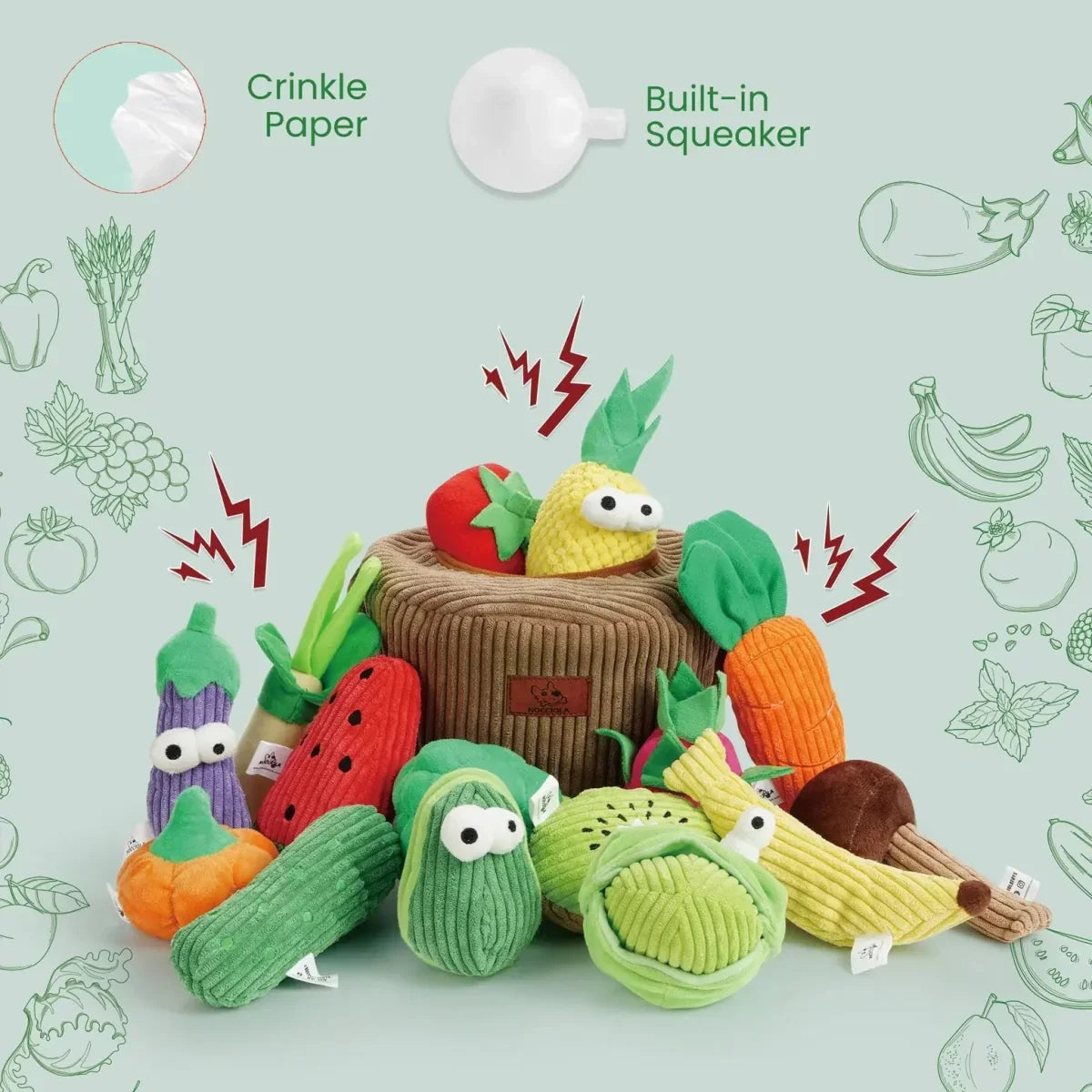 Nocciola 15 - Pack Squeaky Fruit & Veggie Dog Toys with Basket - Talis Us