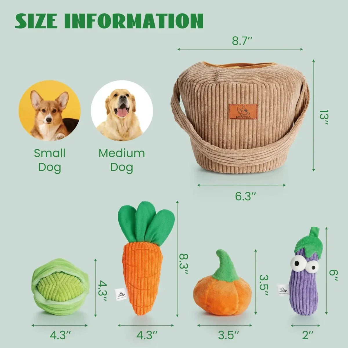 Nocciola 15 - Pack Squeaky Fruit & Veggie Dog Toys with Basket - Talis Us