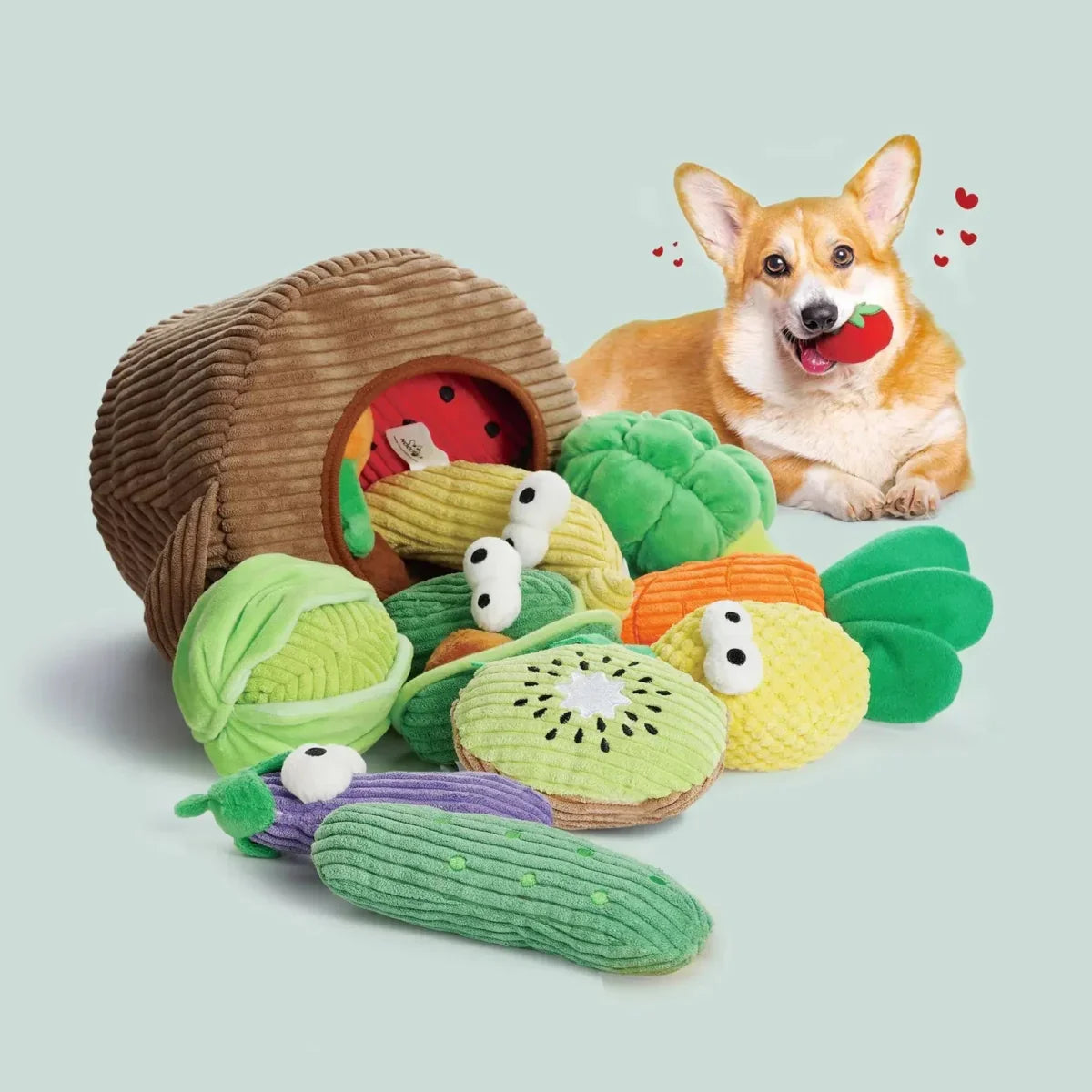 Nocciola 15 - Pack Squeaky Fruit & Veggie Dog Toys with Basket - Talis Us