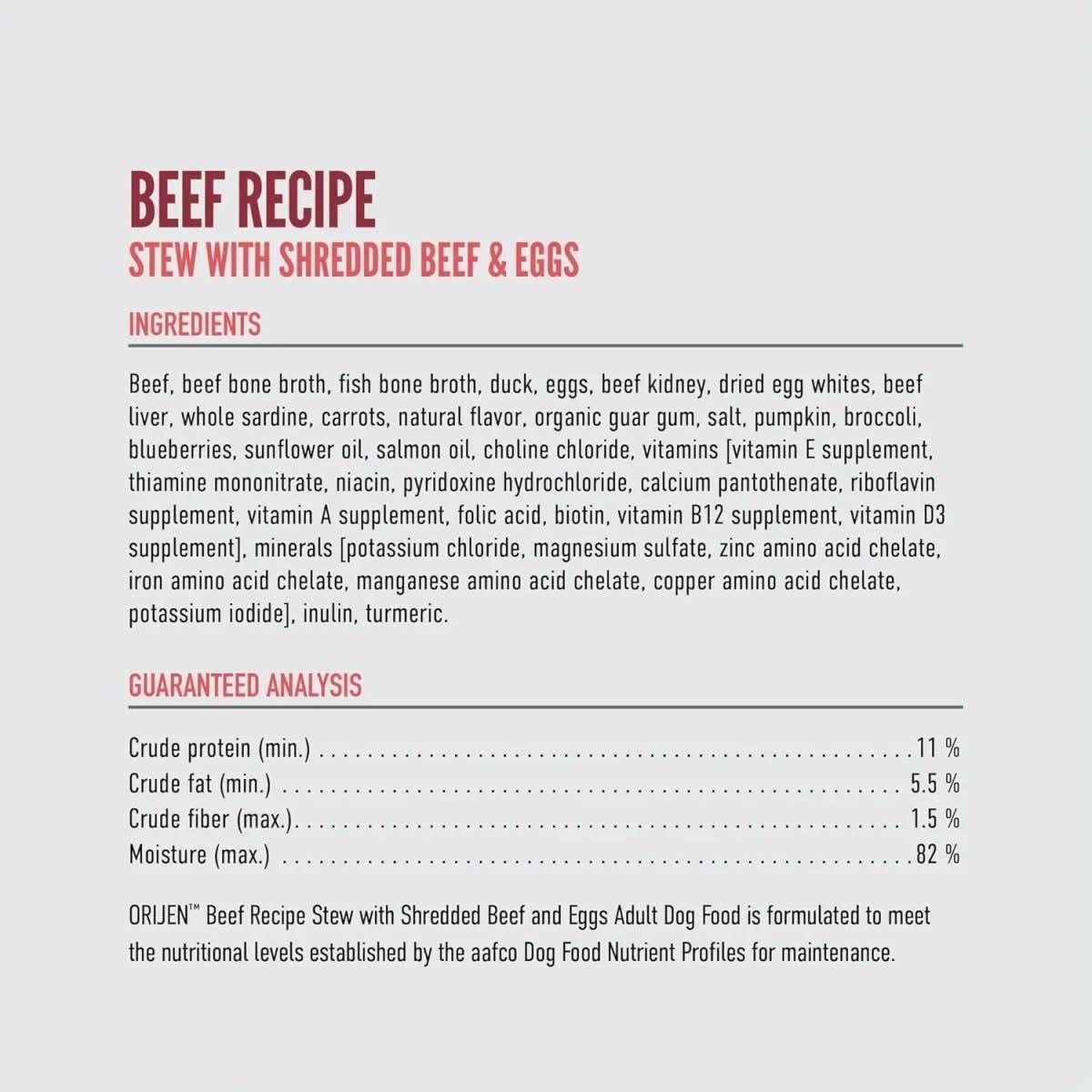 ORIJEN Real Meat Shreds Beef & Eggs Recipe Stew Grain - Free Wet Dog Food 12ea/12.8 oz - Talis Us