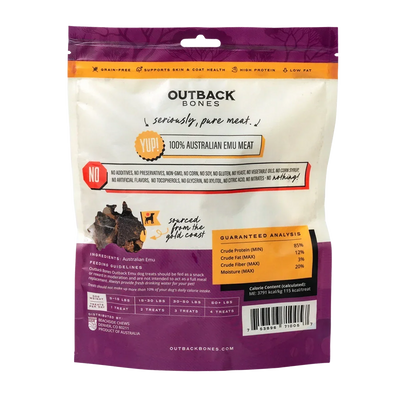 Outback Bones natural emu jerky strips for dogs in a resealable package with nutritional information