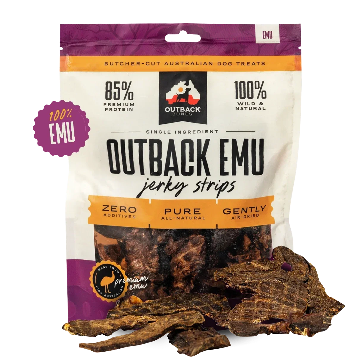 Outback Bones natural emu jerky strips for dogs, premium protein dog treats with zero additives
