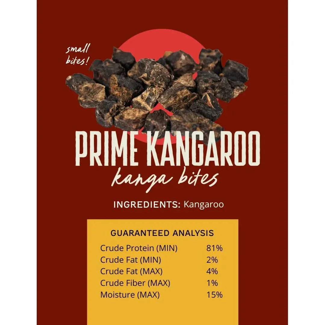Outback Bones Prime Kangaroo Kanga Bites, single ingredient kangaroo bites for dogs, packed in a small bite size