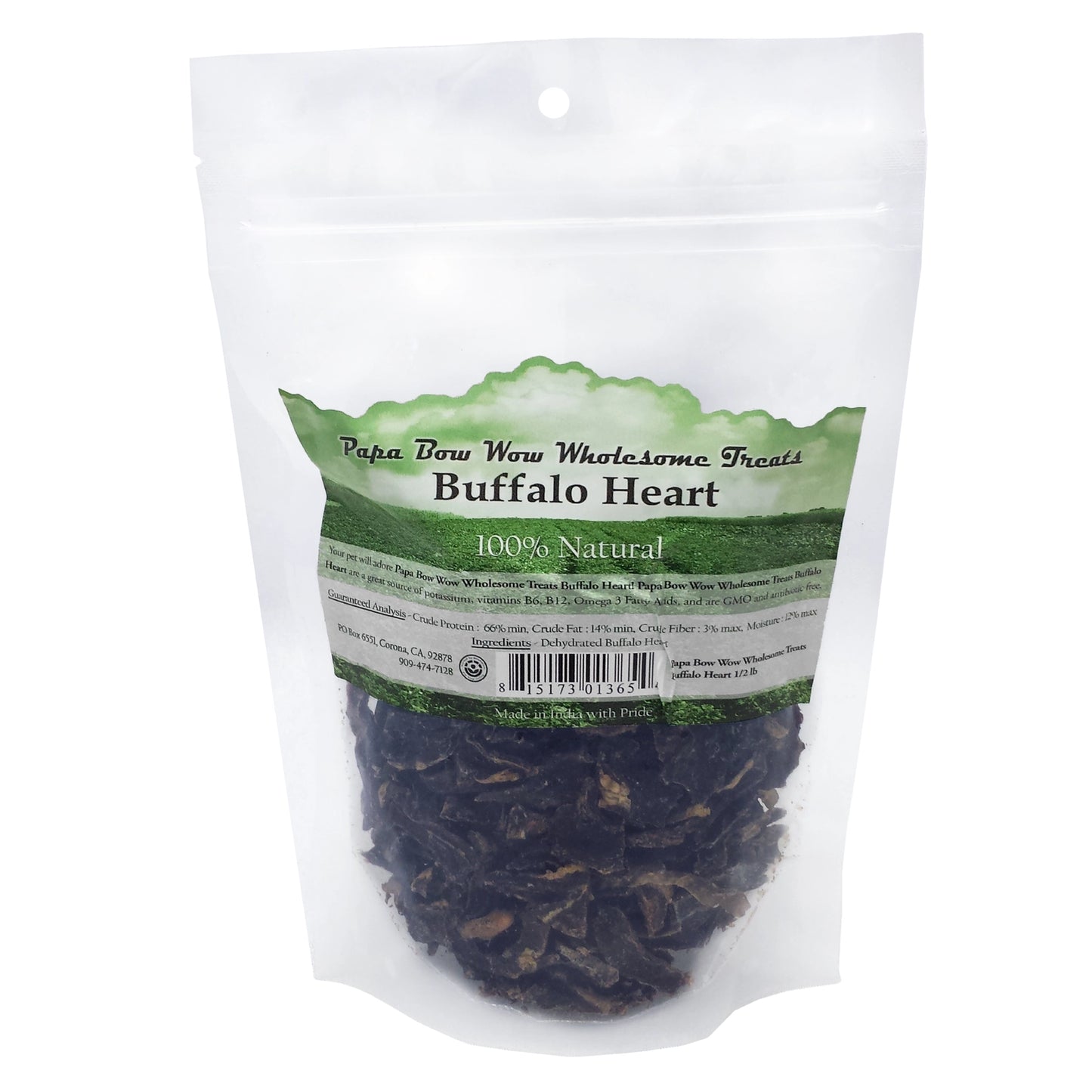 Papa Bow Wow wholesome treats Buffalo Heart in a resealable bag for healthy dog snacks