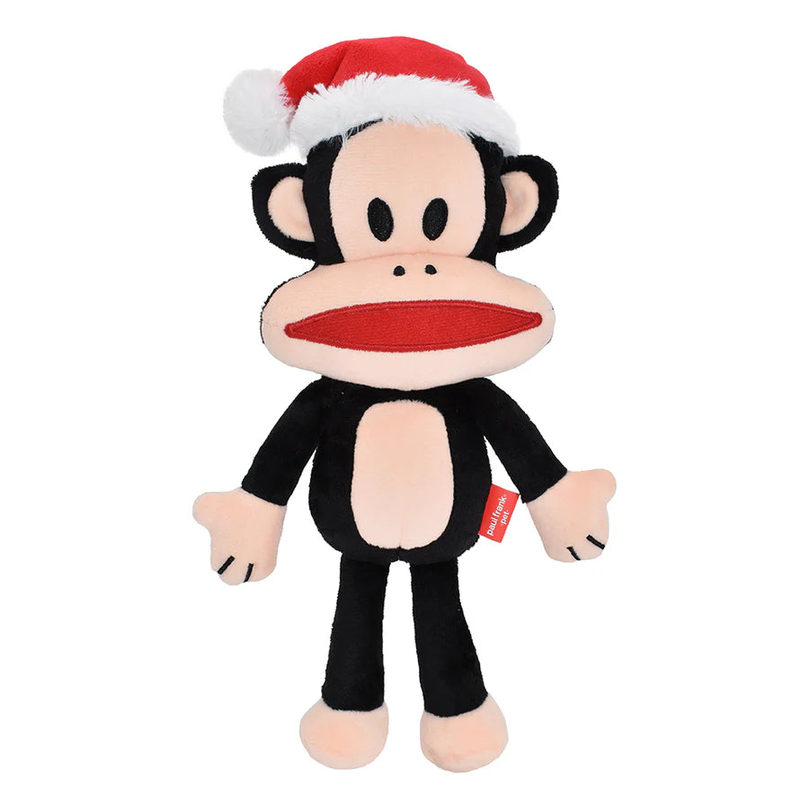 Paul Frank Julius plush dog toy wearing a Santa hat, perfect for festive playtime fun