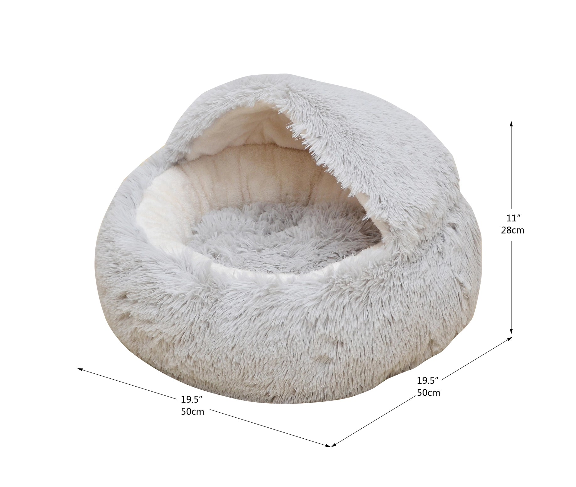 Cozy pearl grey cat cave bed with soft fur lining and a rounded design for pet comfort
