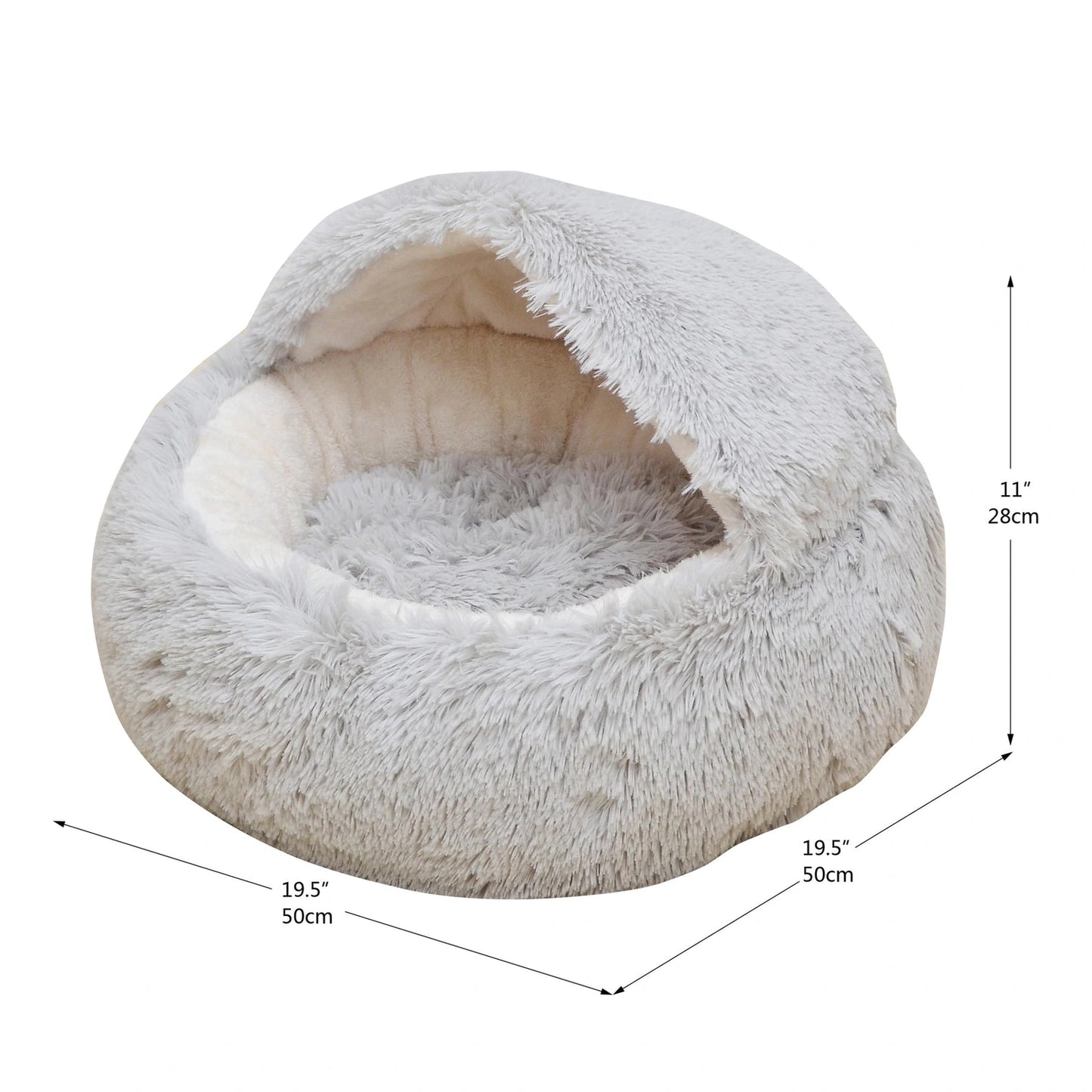 Cozy pearl grey cat cave bed with soft fur lining and a rounded design for pet comfort