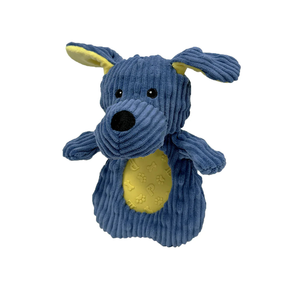 Petlou Pocket Dotty Friends dog toy featuring a blue corduroy dog with yellow ears and a soft body