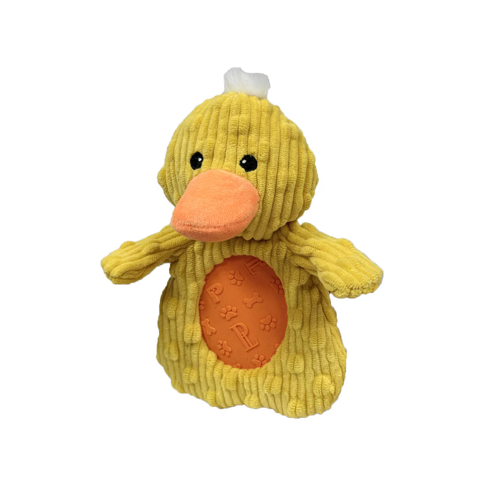 Petlou Pocket Dotty Friends dog toy in the shape of a yellow duck with a textured body