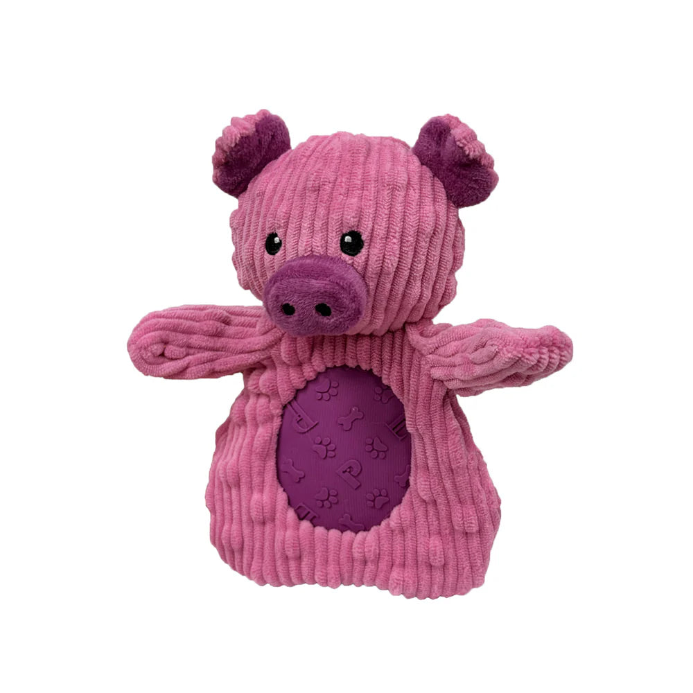Petlou Pocket Dotty Friends dog toy in pink pig design made from soft, textured fabric