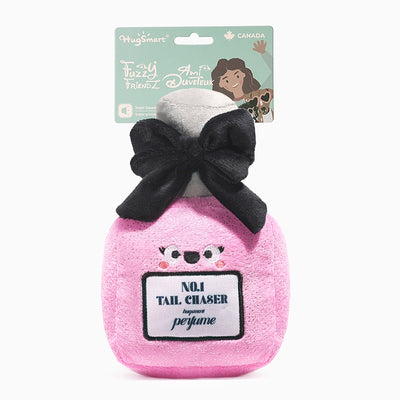 Hugsmart Pet plush perfume dog toy in pink with a black bow and playful design for fun fetch sessions