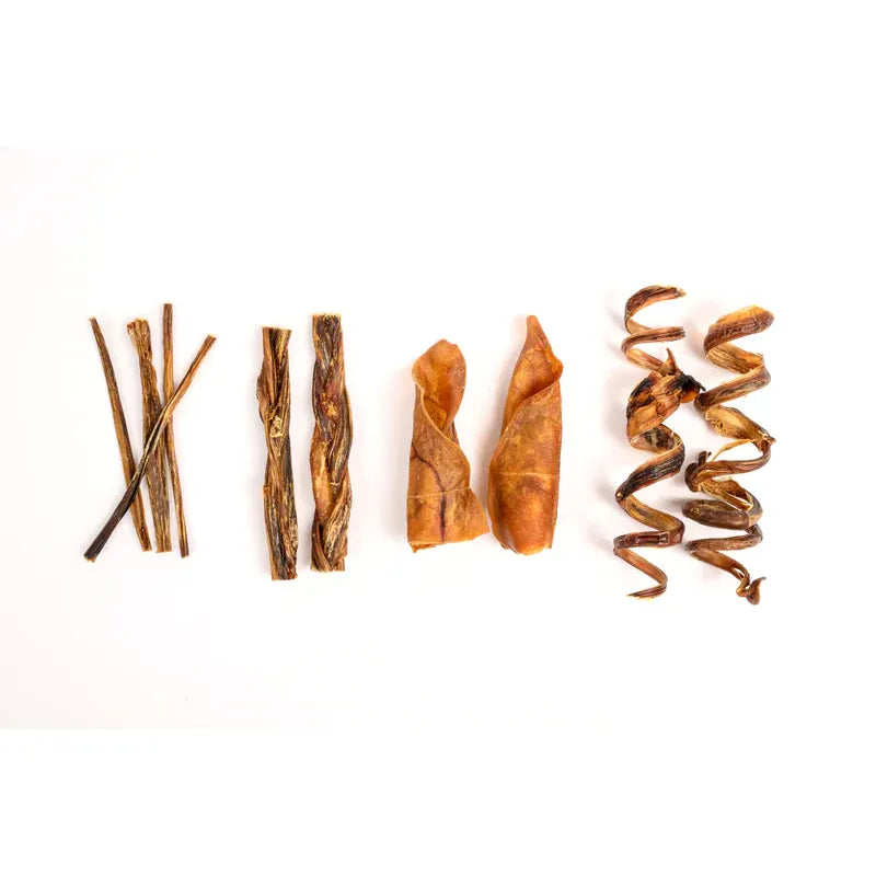 Talis Us pork dog treats variety pack featuring assorted chews for dogs to enjoy