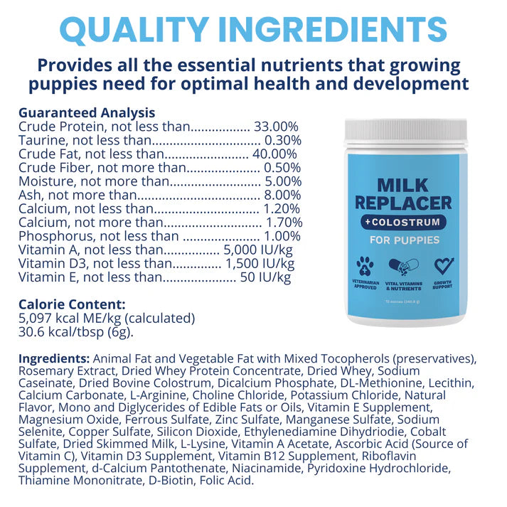 Under the Weather puppy milk replacer with colostrum in a container for optimal puppy health and development