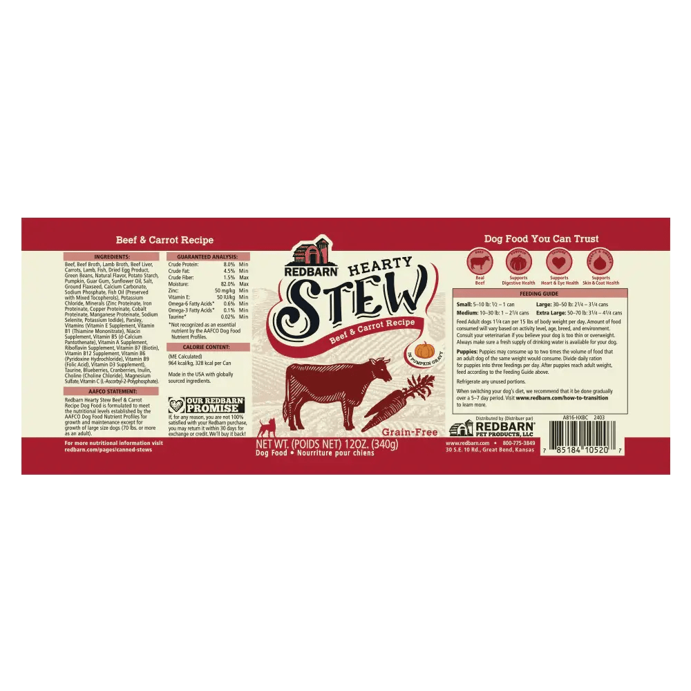 Redbarn Pet Products Hearty Stew All Life Stages Beef & Carrot Wet Dog Food 12ea/12 oz - Talis Us