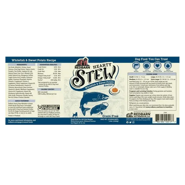 Redbarn Pet Products Hearty Stew All Life Stages Whitefish & Sweet Potato Wet Dog Food 12ea/12 oz - Talis Us