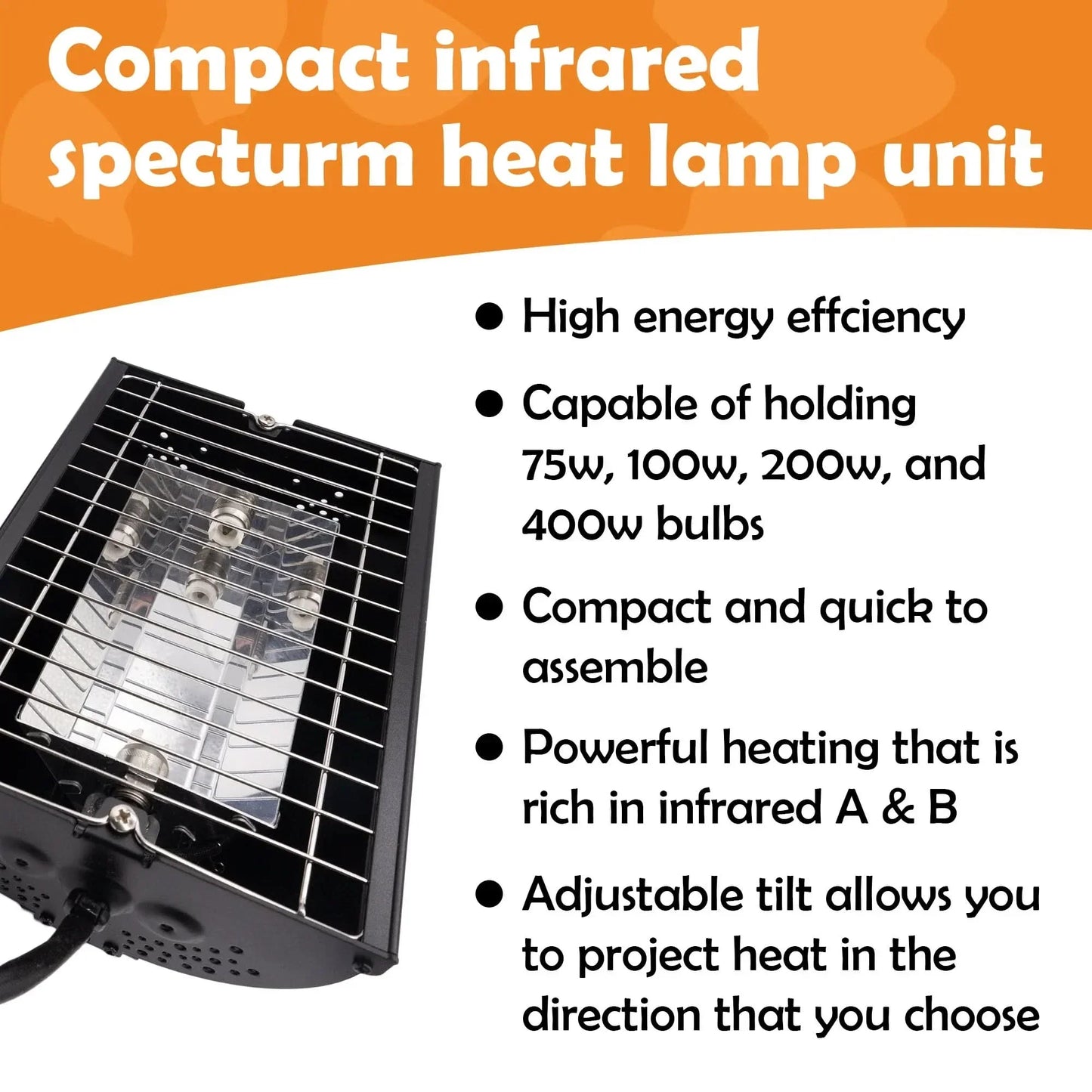 Compact infrared reptile heat lamp with adjustable tilt for powerful heating and energy efficiency