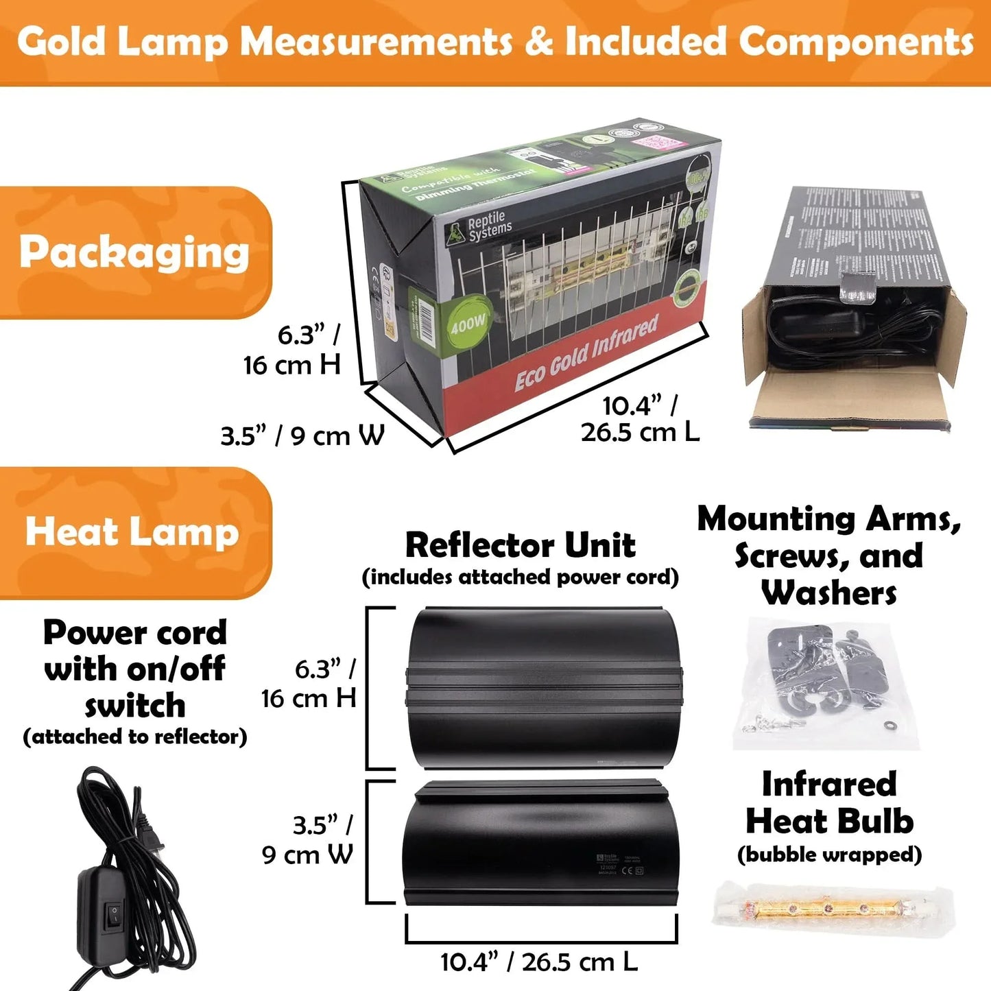Reptile Systems Eco Gold Infrared Reptile Heat Lamp with reflector unit and mounting components
