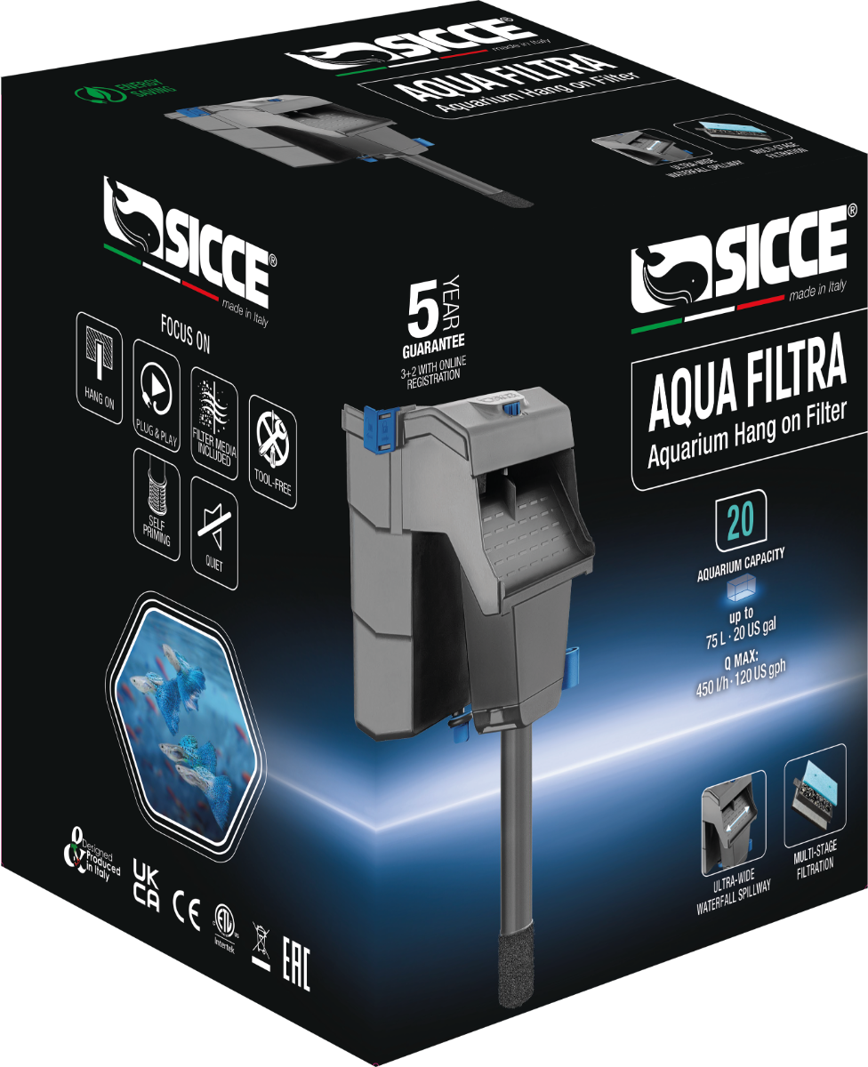 Sicce Aqua Filtra aquarium filter for aquariums up to 20 gallons with efficient filtration system