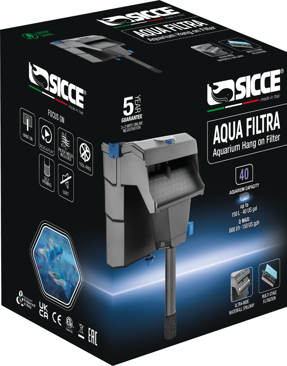 Sicce Aqua Filtra aquarium filter for up to 40 gallons, designed for efficient water filtration in aquariums