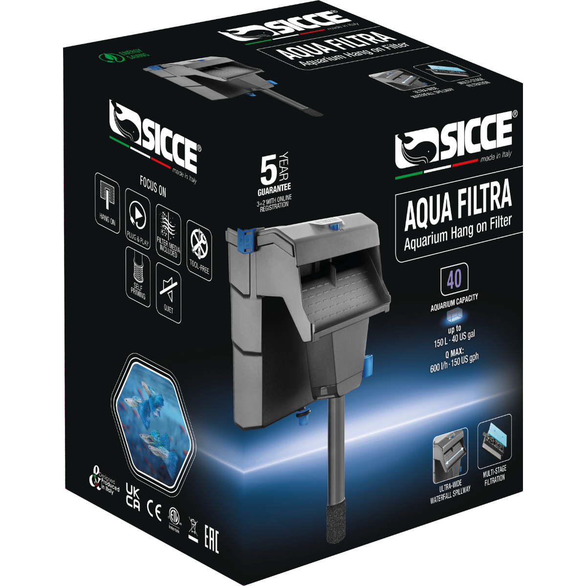 Sicce Aqua Filtra aquarium filter for up to 40 gallons, designed for efficient water filtration in aquariums