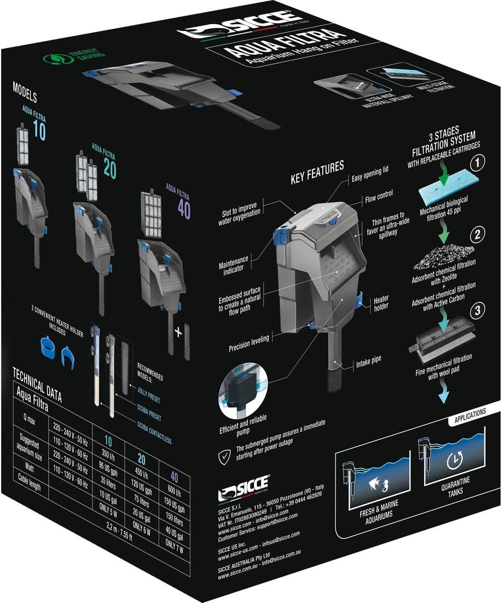 Sicce Aqua Filtra aquarium filter with three-stage filtration system and replaceable cartridges