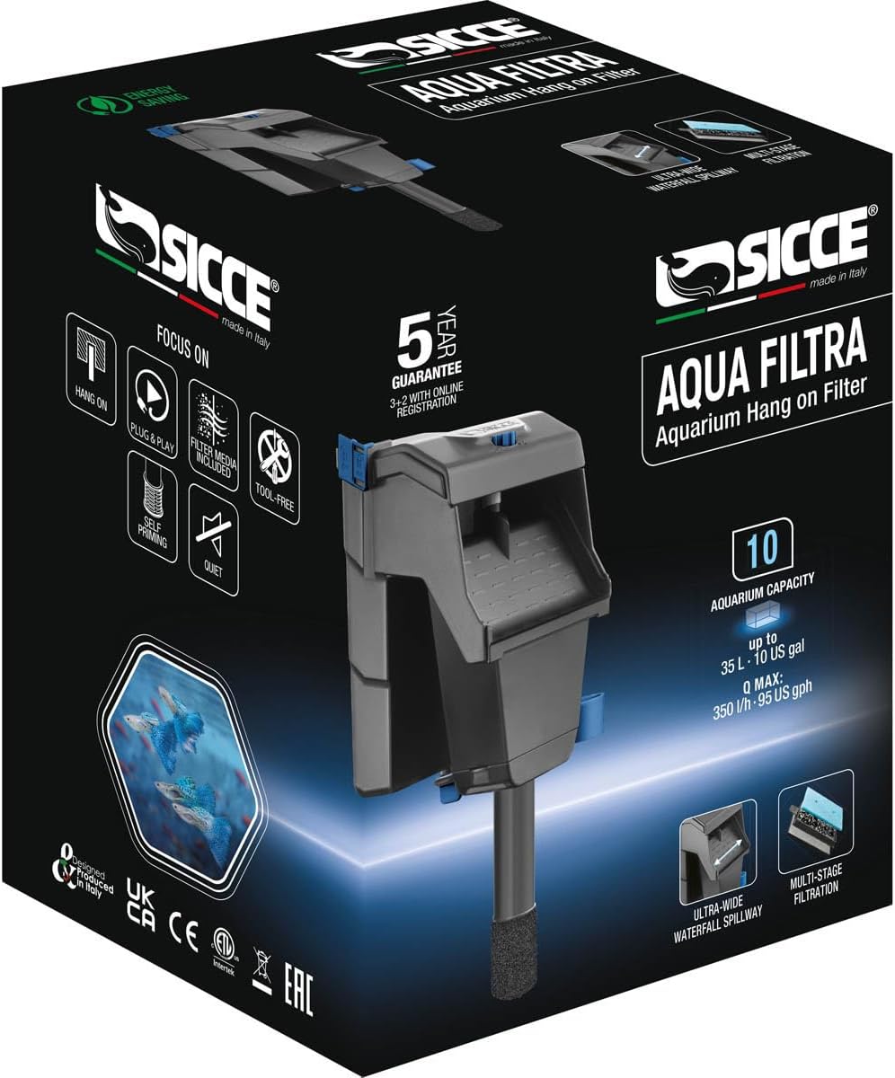 Sicce Aqua Filtra aquarium filter for 3 to 10-gallon tanks with easy installation and effective filtration