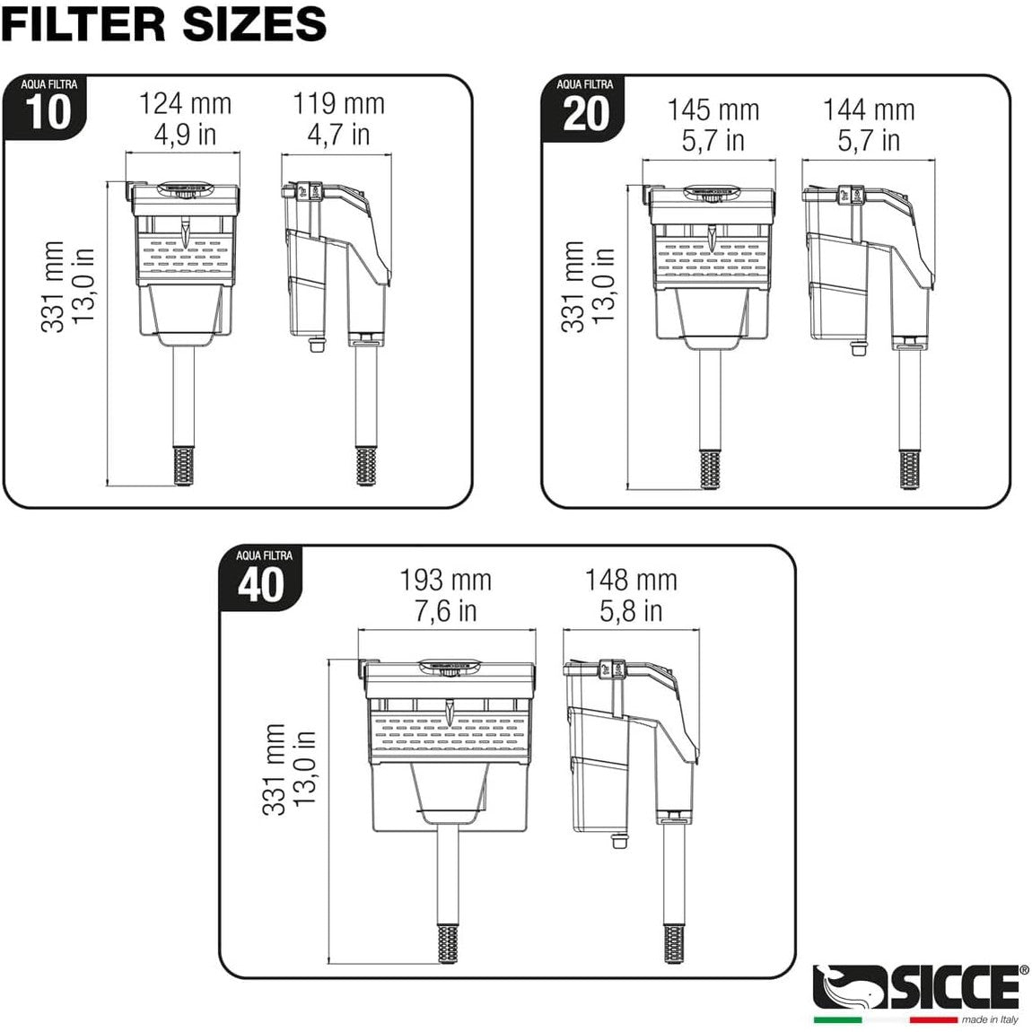 Sicce Aqua Filtra aquarium filter size dimensions for models 10, 20, and 40 with detailed measurements
