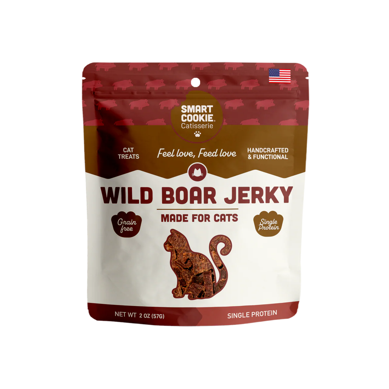 Smart Cookie Wild Boar Jerky for Cats in 2 oz bag, grain free cat jerky made with single protein