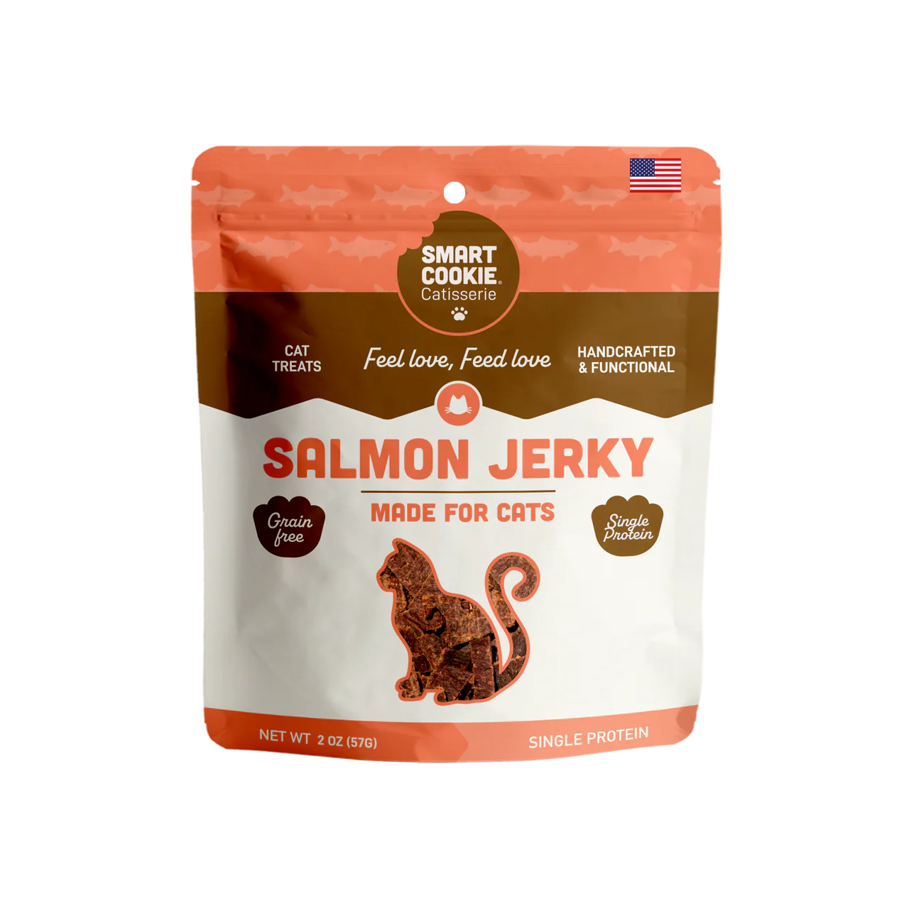 Smart Cookie Salmon Jerky Cat Treats in a 2 oz bag, grain free cat jerky for healthy feline snacking