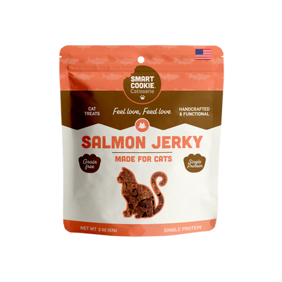 Smart Cookie Salmon Jerky Cat Treats in a 2 oz bag, grain free cat jerky for healthy feline snacking