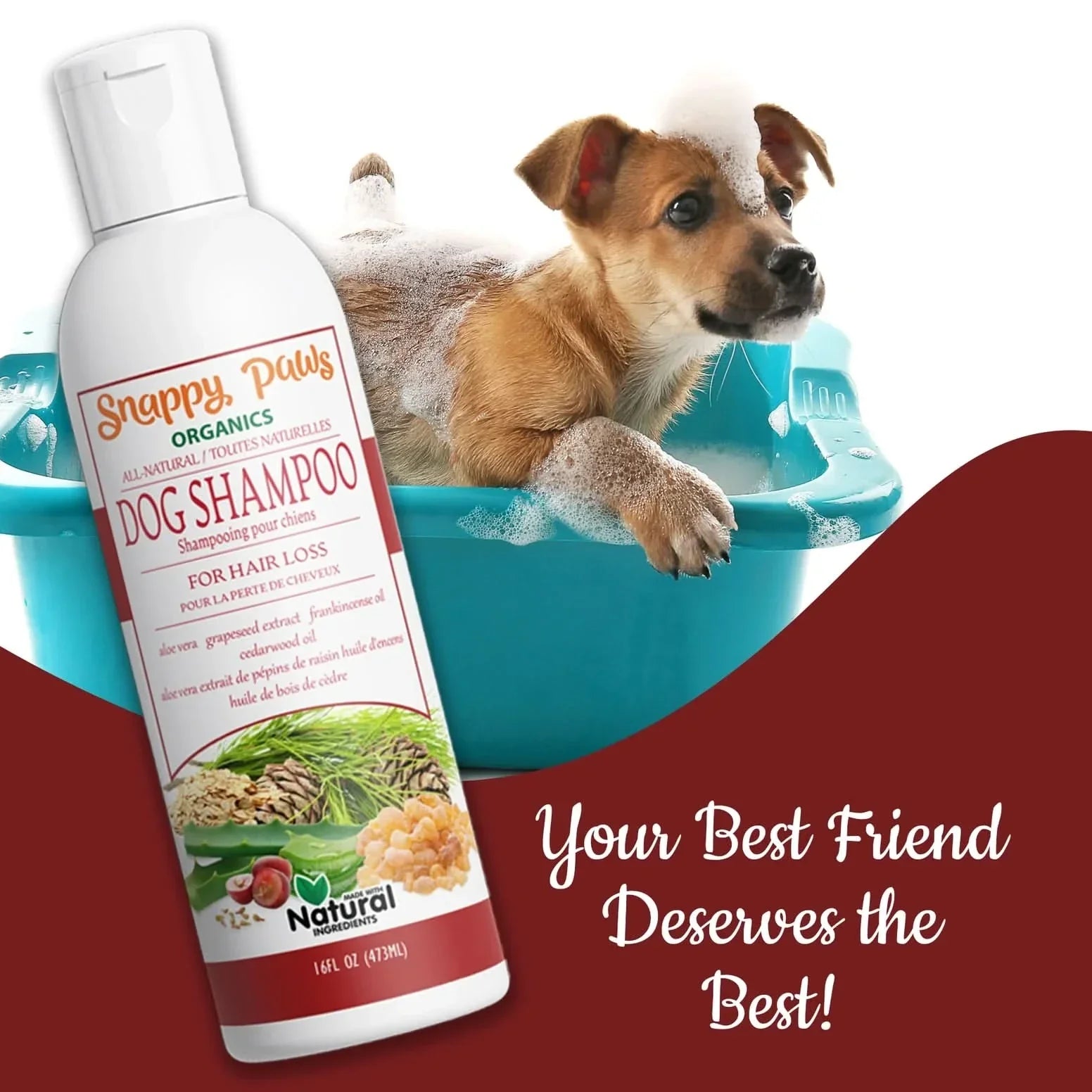 Snappy Tom dog shampoo for hair loss in front of a puppy in a bath, promoting healthy fur care