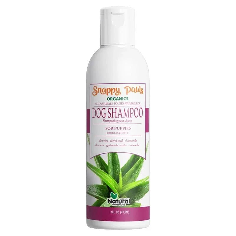 Snappy Tom natural dog shampoo for puppies in an 18 oz bottle with a soothing Aloe Vera formula