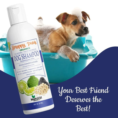 Snappy Tom Organic Dog Shampoo and Conditioner in a bottle with a puppy in a bathtub for pet grooming