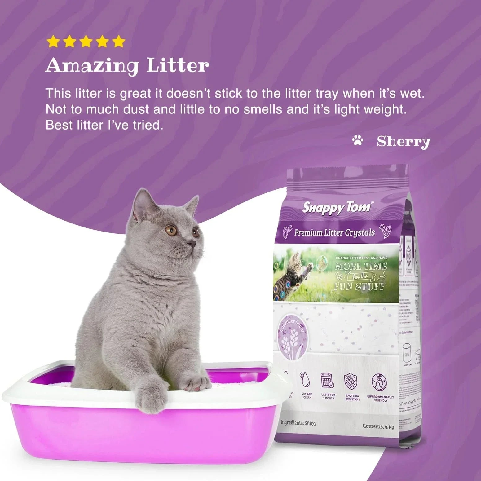 Snappy Tom scented non-clumping cat litter in a bag with a cat using a litter box