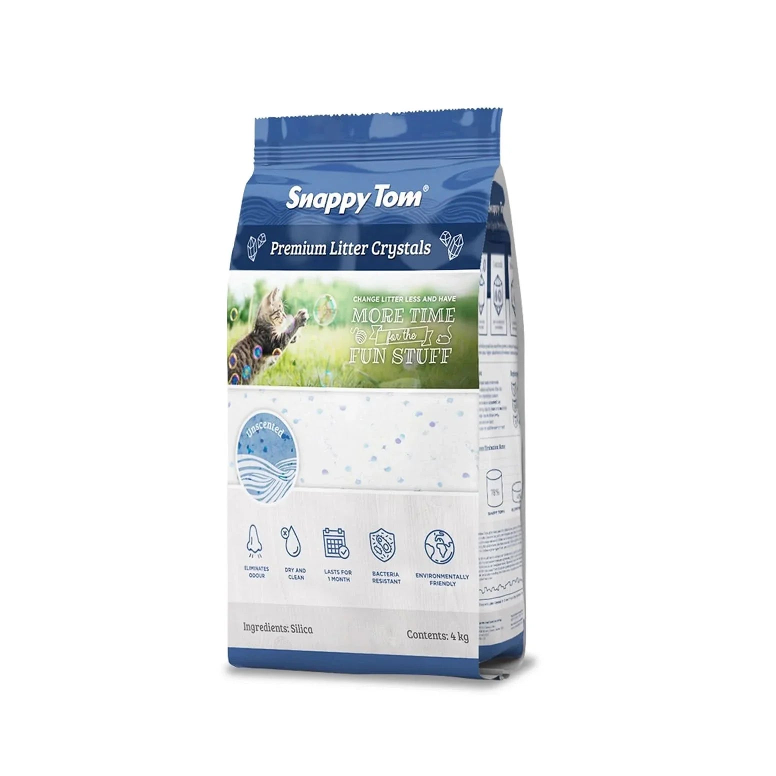 Snappy Tom Premium Scented Non-Clumping Cat Litter Crystals in bag for fresh and odor-free cat care
