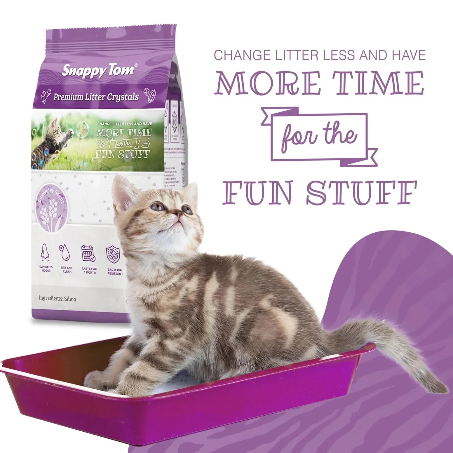 Snappy Tom Premium Scented Non-Clumping Cat Litter Crystals for easy cleanup and odor control
