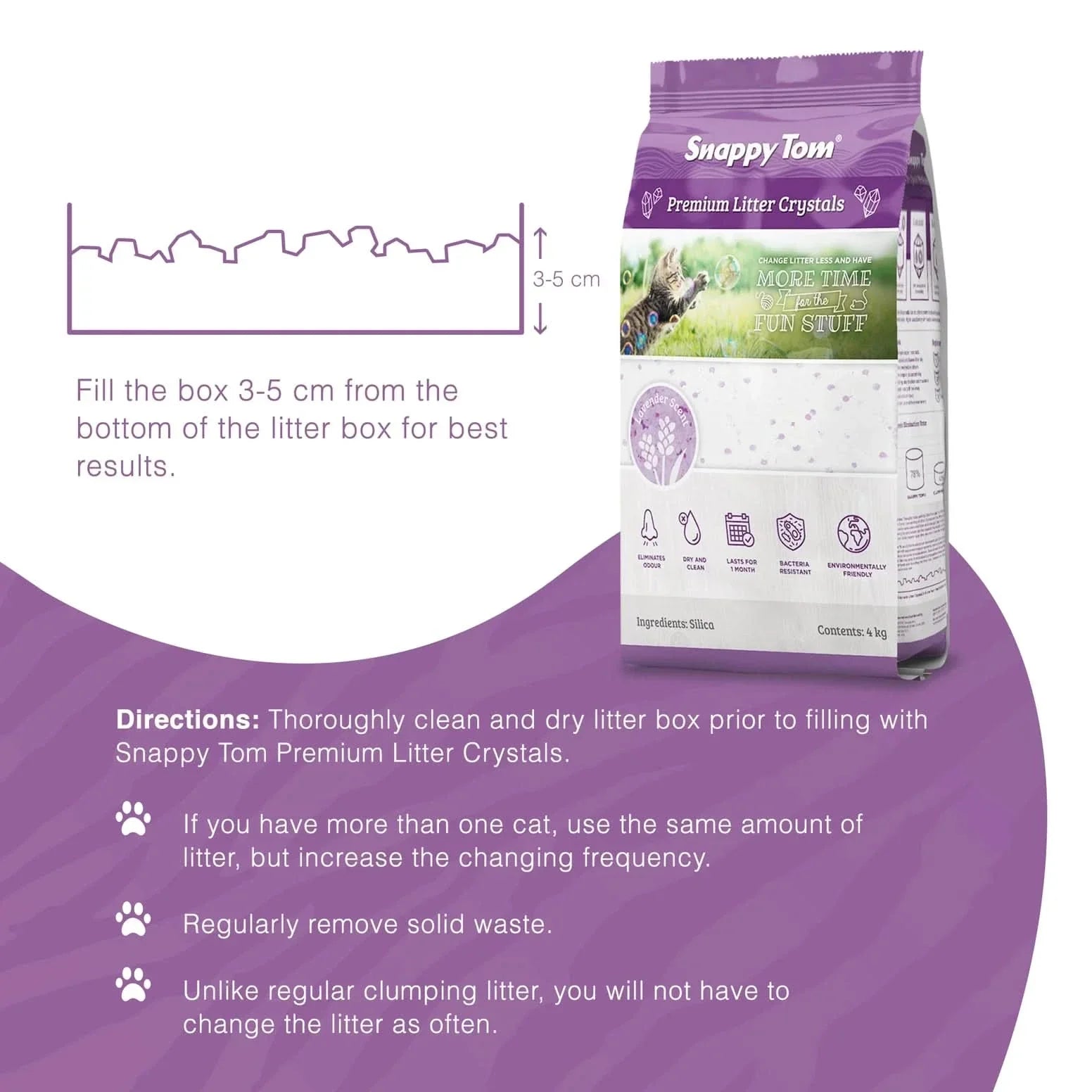 Snappy Tom scented non-clumping cat litter in a bag with instructions and product features displayed