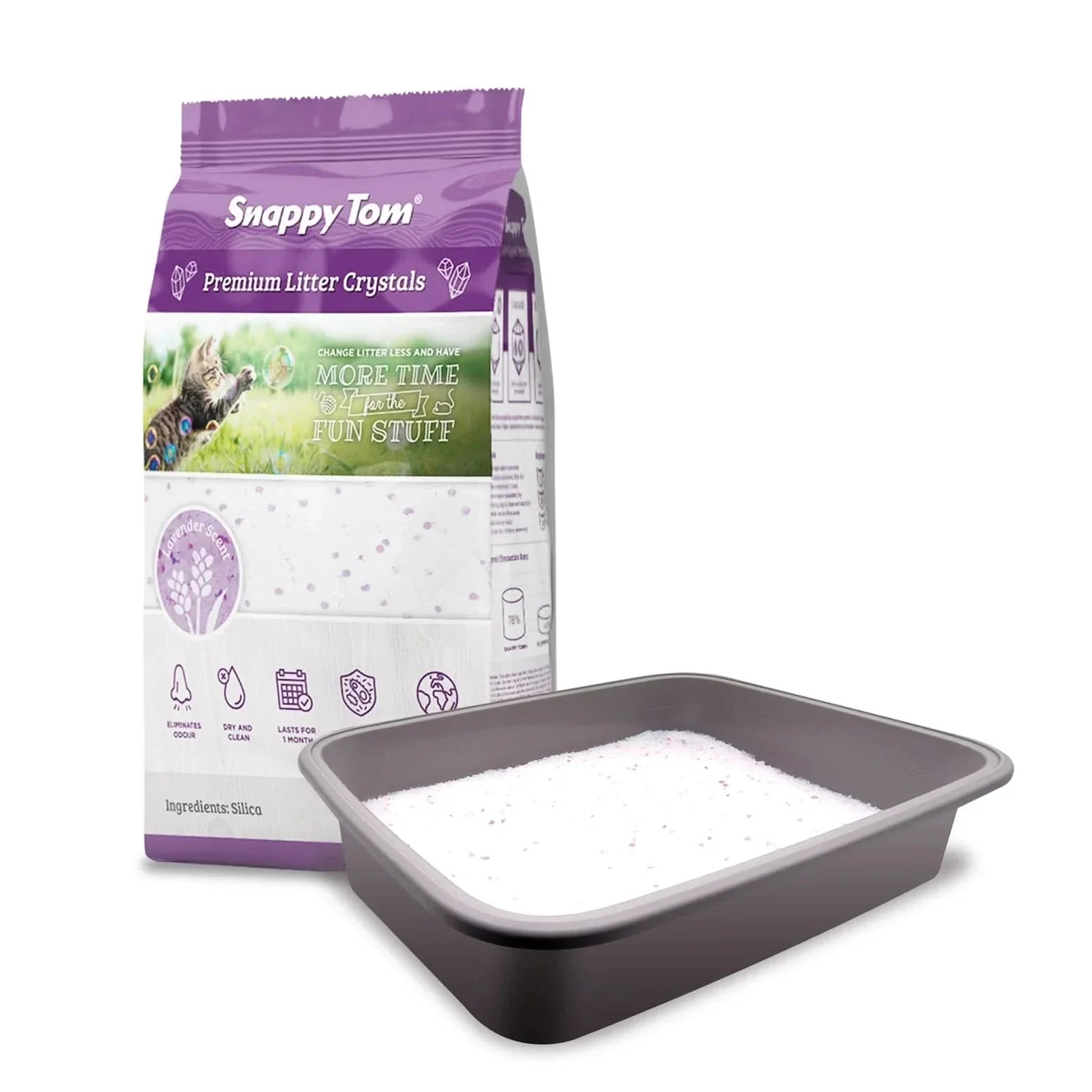 Snappy Tom Premium Scented Non-Clumping Cat Litter Crystals in a tray with packaging