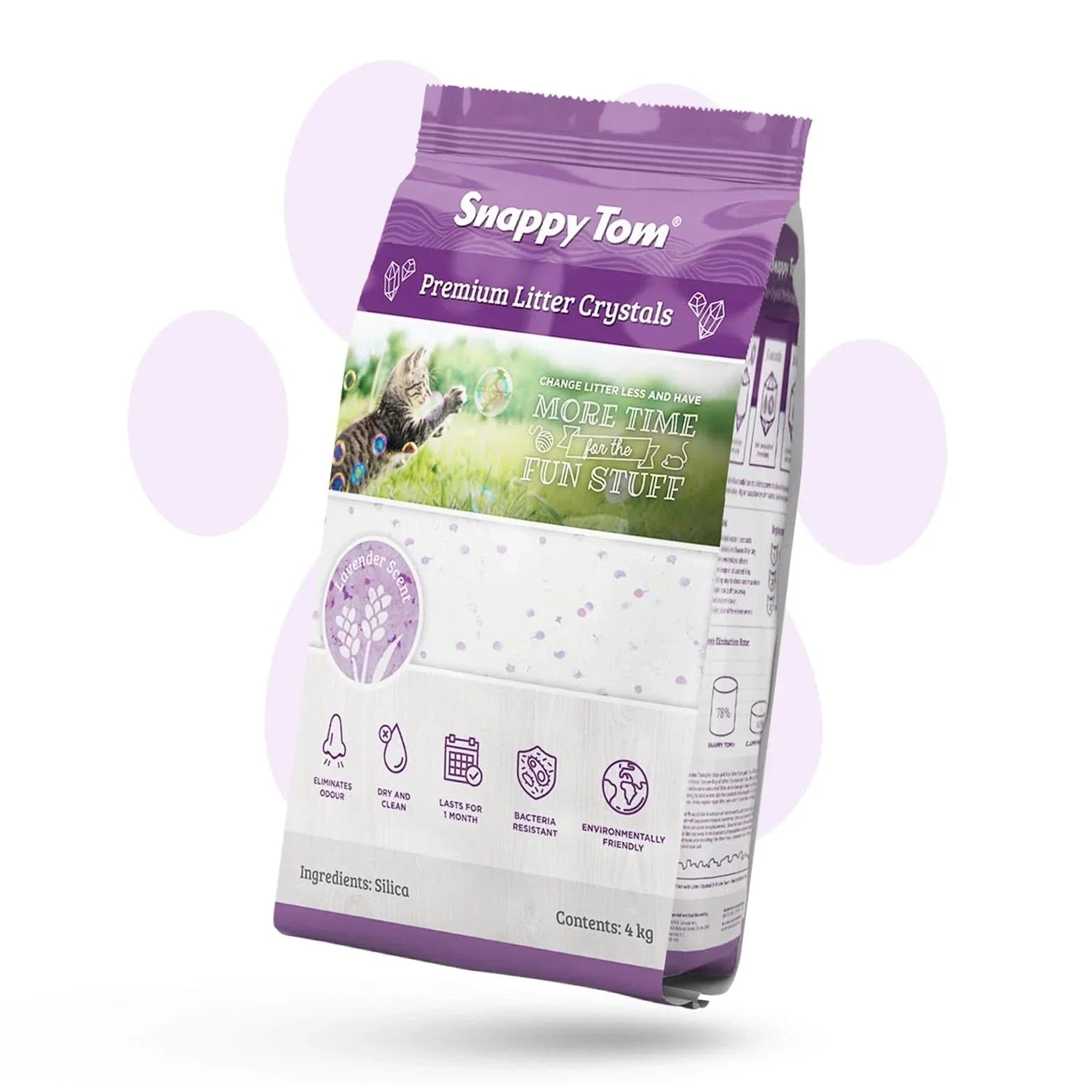 Snappy Tom Premium Litter Crystals in a 4 kg bag, featuring scented non-clumping cat litter for better odor control