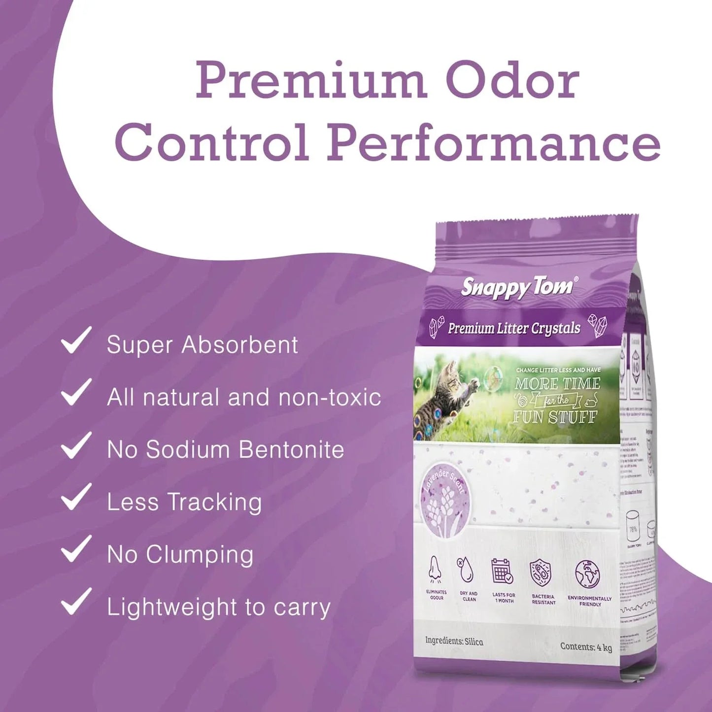 Snappy Tom Premium Odor Control Scented Non-Clumping Cat Litter in a 5kg bag, lightweight and super absorbent