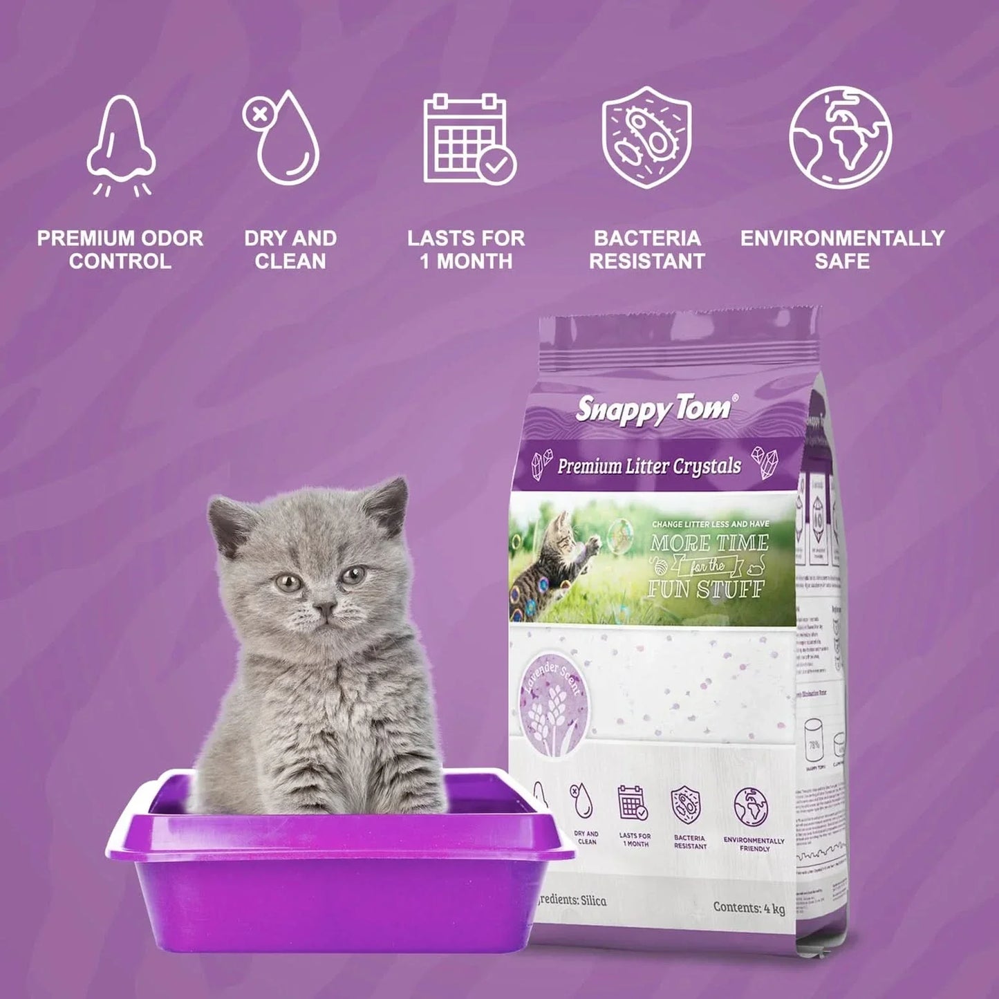 Snappy Tom scented non-clumping cat litter in a bag with litter box and a gray kitten