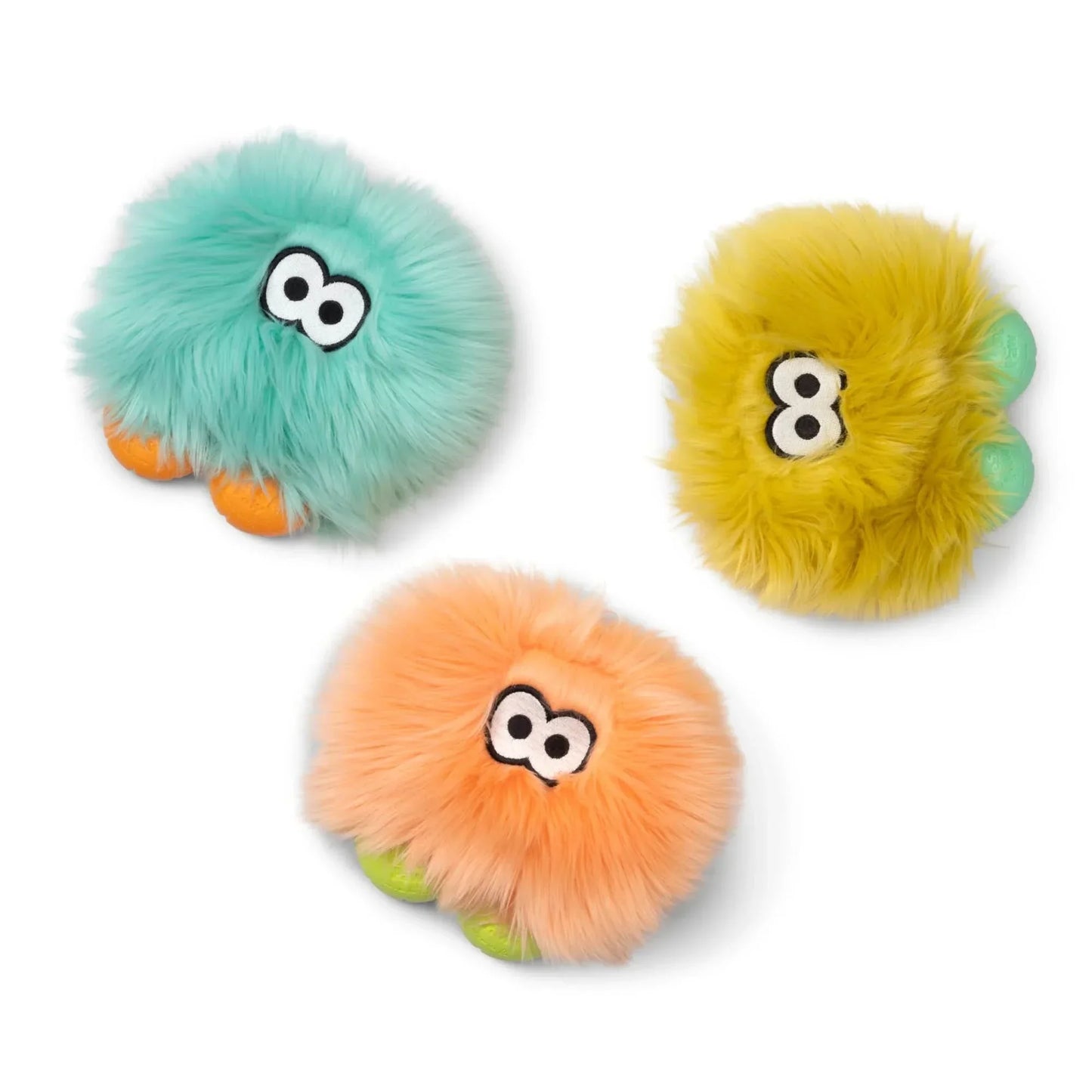 Colorful squeaky plush dog toy trio featuring blue, orange, and yellow fuzzy designs from West Paw