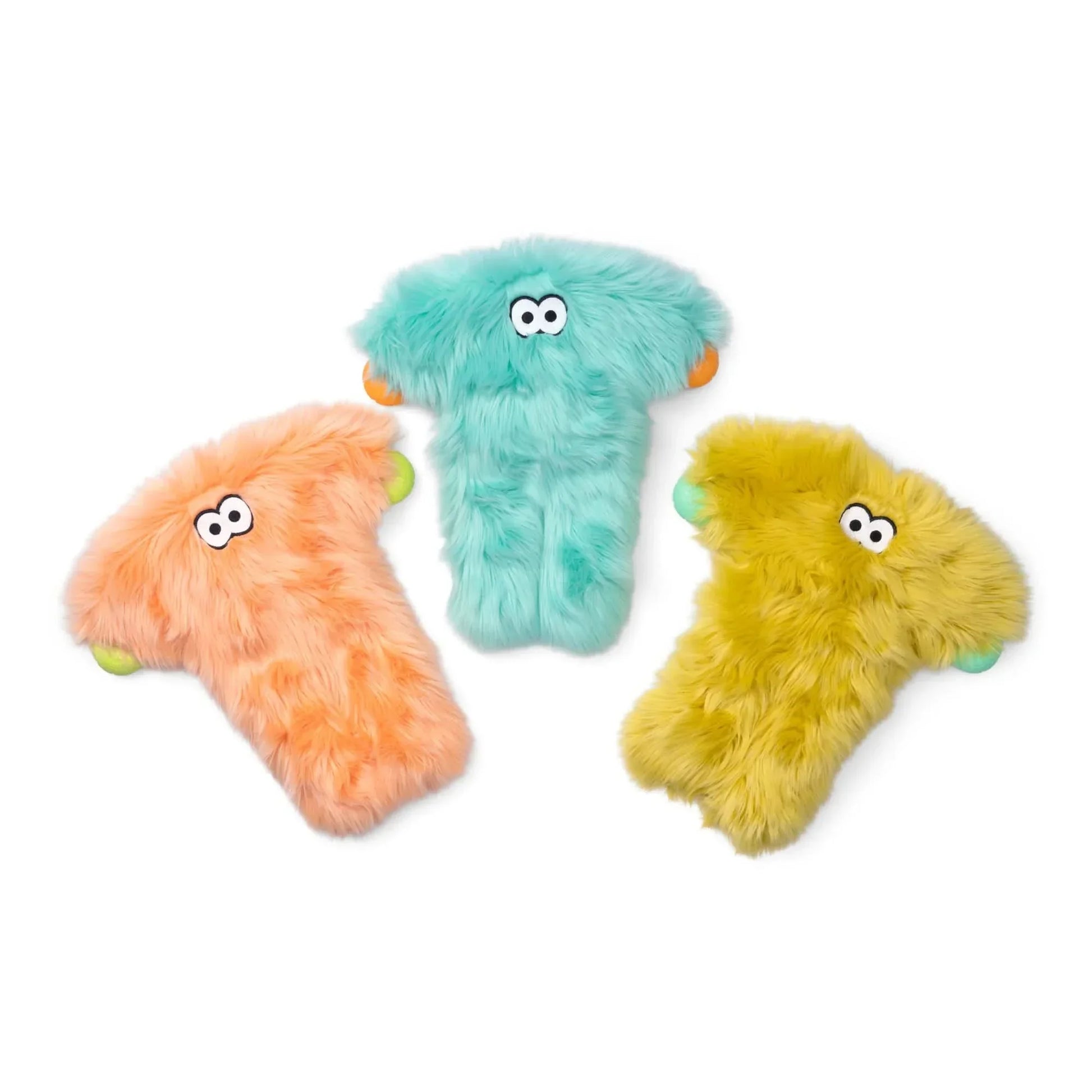 West Paw Squeaky Plush Dog Toy Set with Colorful Fur in Orange, Blue, and Yellow