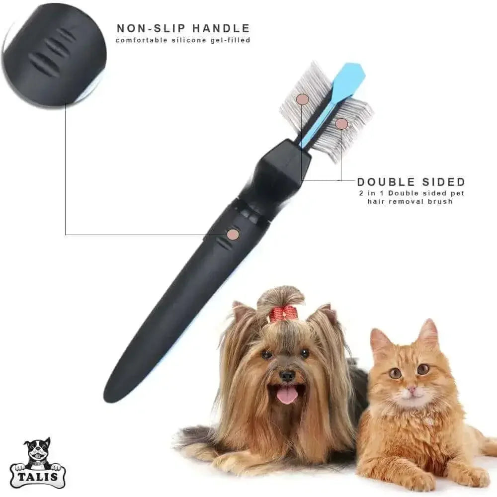 The Talis Us Double Sided Dog Grooming Brush for Shedding, shown above a Yorkshire Terrier and an orange cat, features a non-slip handle and dual sides. The Talis Us logo appears in the corner.