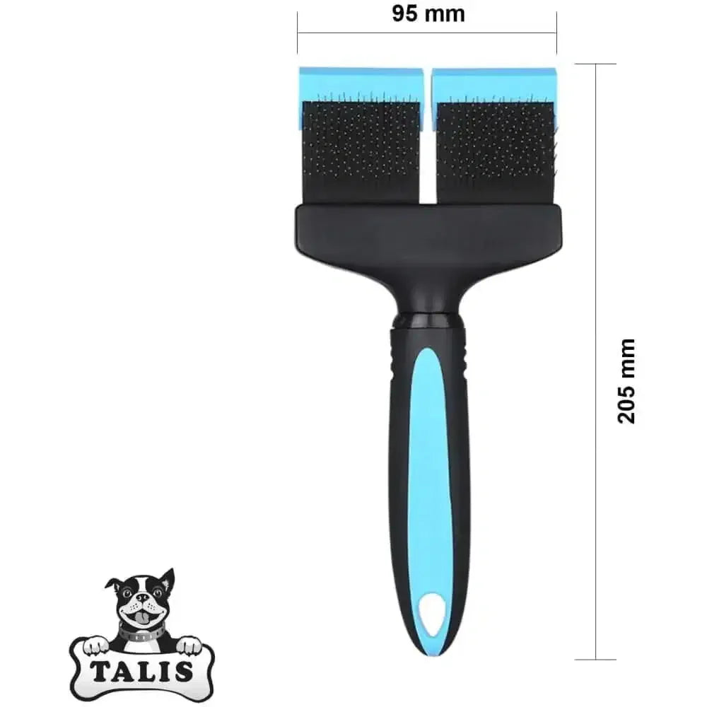 The Talis Us Double Sided Dog Grooming Brush for Shedding features black and blue ergonomic design, dual split heads, and measures 95 mm wide by 205 mm long. The bottom left shows the Talis Us logo with a cartoon dog.