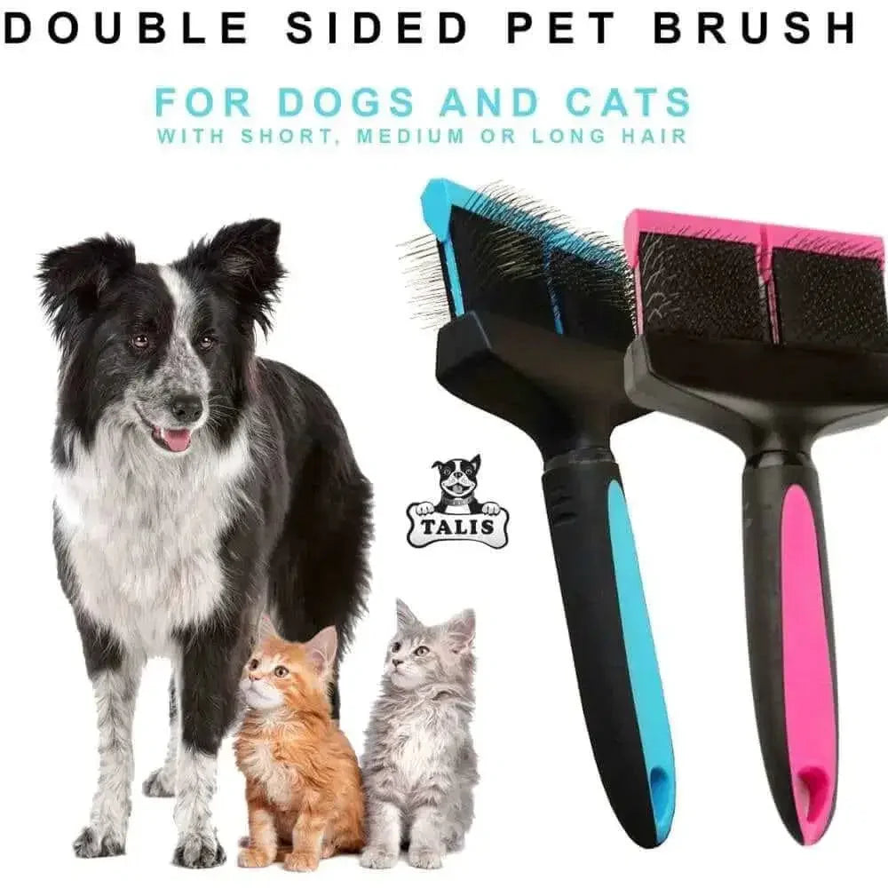A black and white dog and two cats sit beside two Talis Us Double Sided Dog Grooming Brushes for Shedding, featuring ergonomic blue and pink handles. Text above reads: Talis Us Double Sided Grooming Brush for Dogs & Cats.