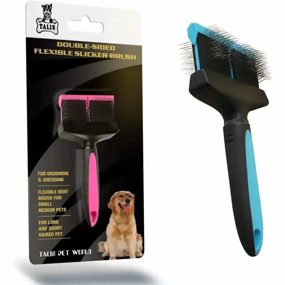 The Talis Us Double Sided Dog Grooming Brush for Shedding features black, pink, and blue accents, an ergonomic design for easy grooming, and comes in packaging with a dog image. Brand: Talis Us.