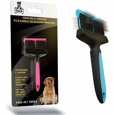 The Talis Us Double Sided Dog Grooming Brush for Shedding features black, pink, and blue accents, an ergonomic design for easy grooming, and comes in packaging with a dog image. Brand: Talis Us.