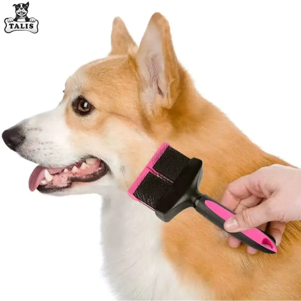 A person uses the Talis Us Double Sided Dog Grooming Brush for Shedding, in pink and black, to brush a corgi’s fur. The Talis Us logo appears in the top left corner while the corgi looks to the side with its mouth open.