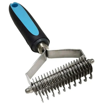 The Talis Us Pet Dematting Comb for Dogs features an ergonomic black and blue handle and stacked metal blades in a roller design, efficiently removing pet hair or undercoat.